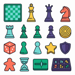 Fototapeta premium Colorful collection of board game pieces and icons