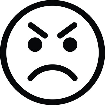 Angry emoji icon, mad face vector, black and white grumpy emoticon