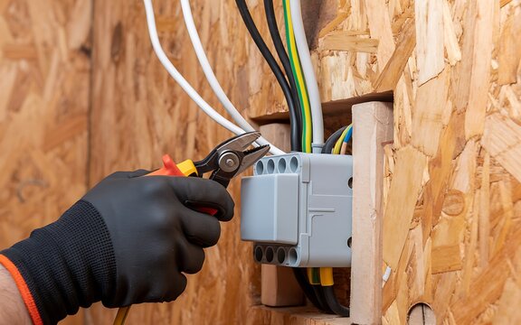 Electrician connecting electrical wires inside a wall junction box during installation work