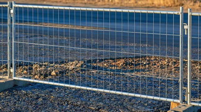Temporary metal fence panels at road construction site