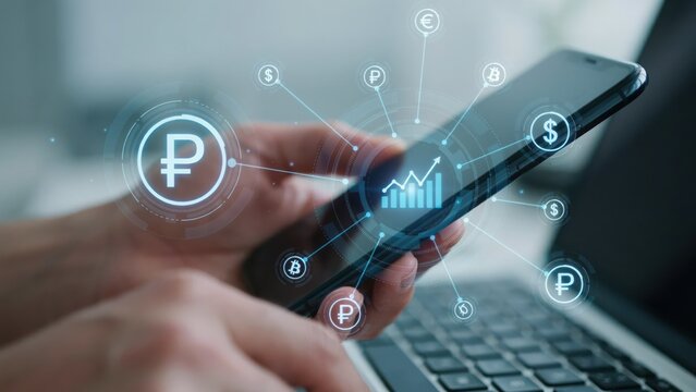 Close up of a person using a smartphone with glowing digital of various global currencies and financial growth charts on screen