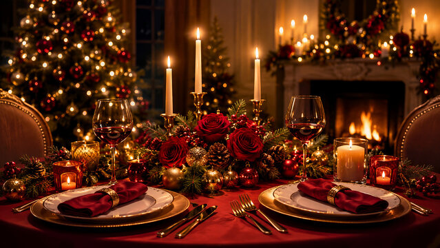 Luxurious Christmas table arrangement with tall glowing candles, deep red roses, ornaments and warm golden lights.
