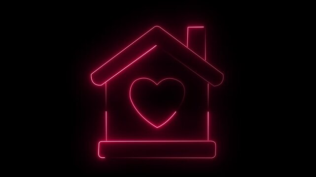 Neon heart inside glowing house outline