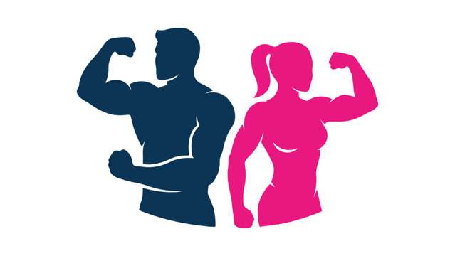 Strong man and woman flexing muscles together as a fitness and bodybuilding icon