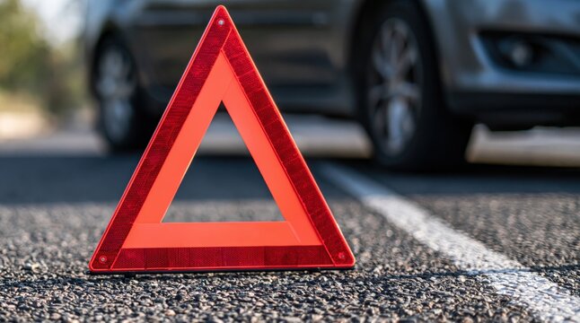 Red reflective warning triangle on asphalt road with blurred car behind
