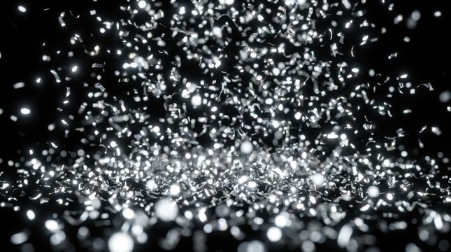 A macro shot of falling glowing silver particles and bokeh against a pitch-black background.