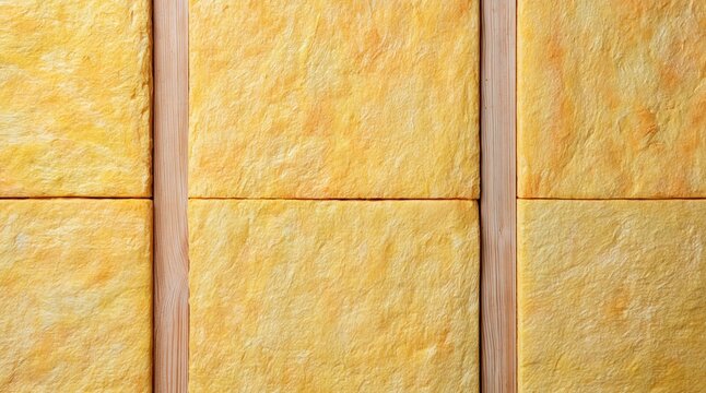 Close up of yellow insulation batts installed between wooden frame studs