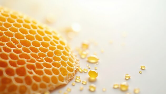 honeycomb and honey close-up with glistening droplets on hexagonal beeswax comb, detailed comb texture and golden viscous liquid,