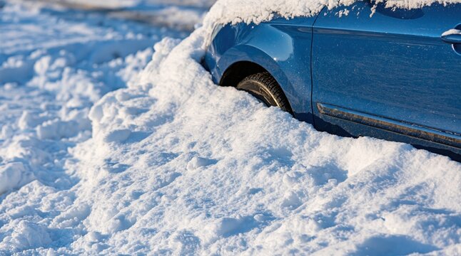 Close up of blue car stuck in deep snow after winter storm