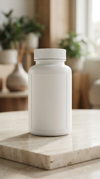 White plastic supplement bottle with blank label on a marble surface, blurred interior background, with plants isolated on a transparent background