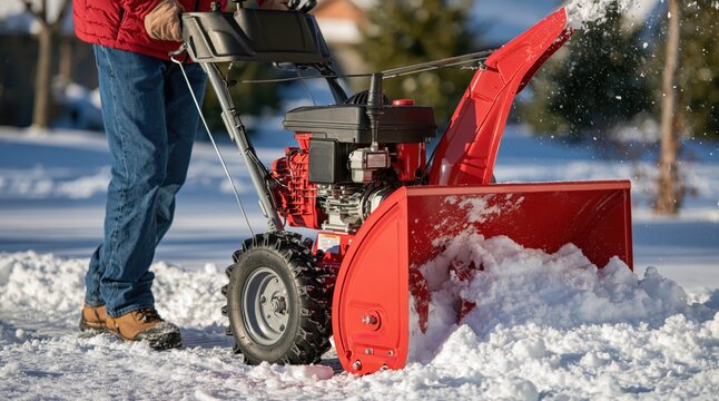 Man operating red snow blower on sunny winter day
