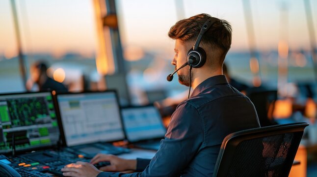Professional dispatcher with headset working in control tower at sunset