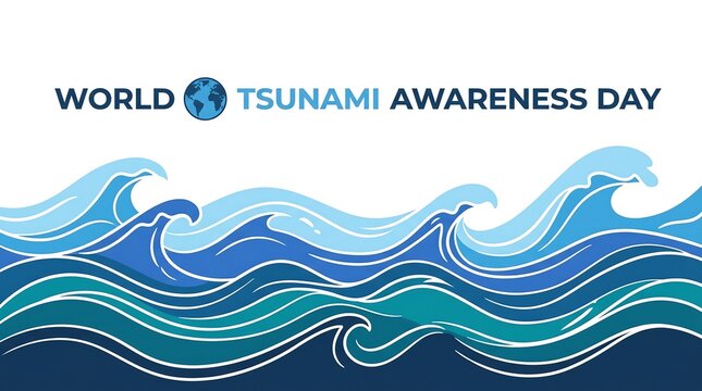 World Tsunami Awareness Day Poster with Stylized Blue Ocean Waves Illustration