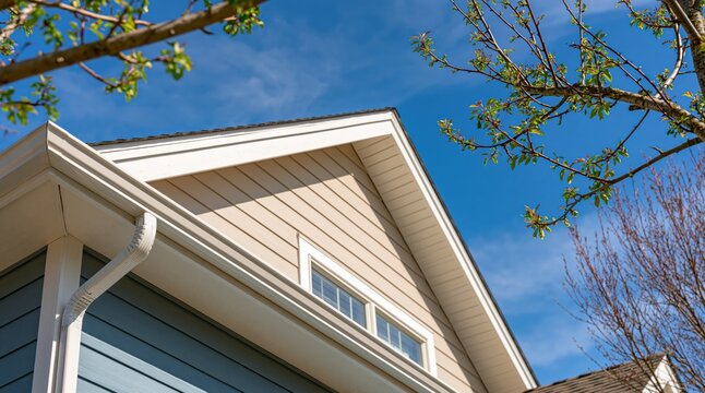 Residential house gable roof with white gutters and siding under blue sky