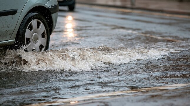 Car wheel splashing water on flooded urban road during heavy rain