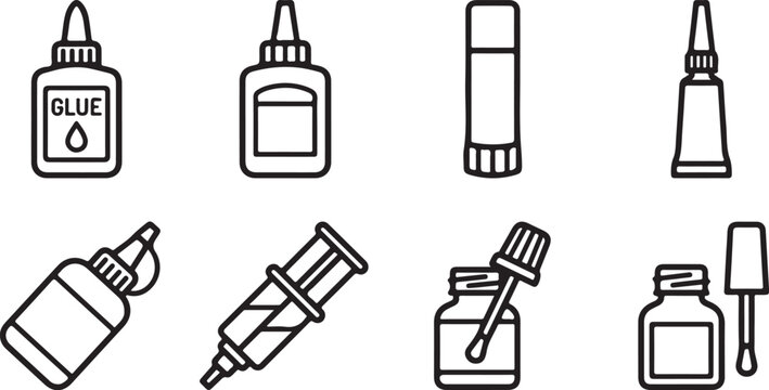 Eight types of glue and adhesive bottles icon set