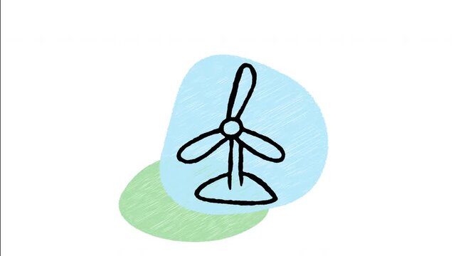 An animated hand-drawn tall wind turbine generator with spinning blades. Great for wind farm energy, clean electricity, green power grid, and alternative power.