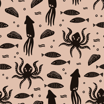 Ancient sea creatures - seamless pattern design on beige background