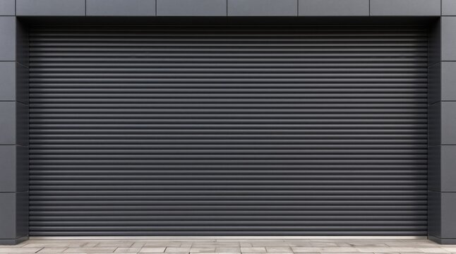 Modern dark grey roller shutter door on building facade
