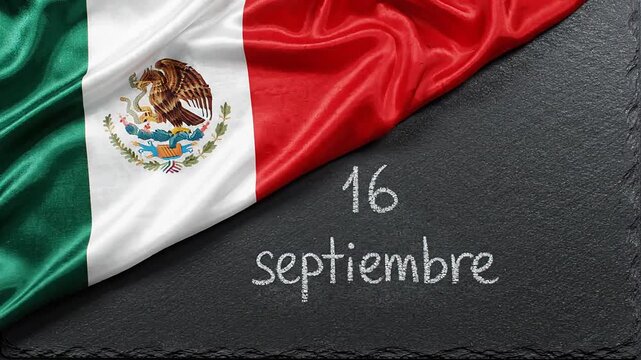Mexican Flag Waving Above Slate Surface With 16 Septiembre Text