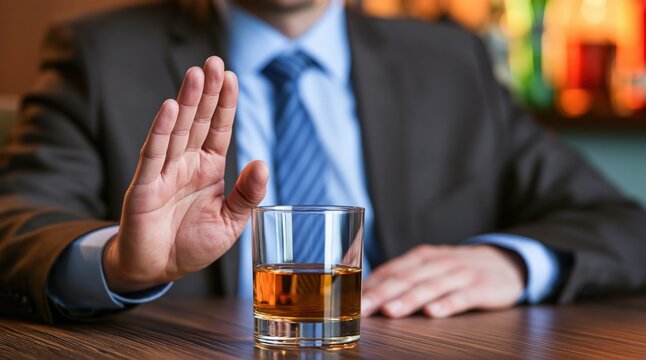 Businessman making stop gesture to glass of whiskey on wooden table