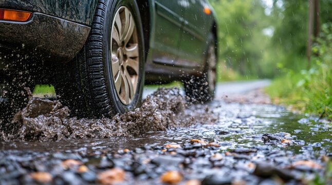 Car tire driving through muddy puddle on wet road