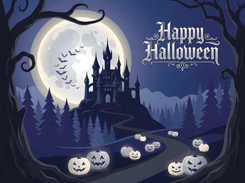 Happy halloween illustration with a spooky castle full moon and jack-o-lanterns in a dark forest
