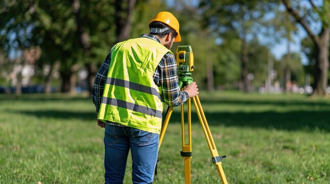 Male surveyor in yellow vest and hard hat using total station on tripod in park