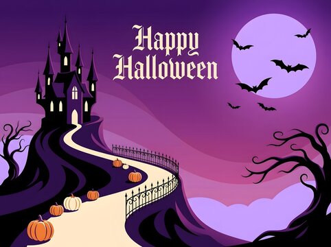 Happy Halloween illustration with spooky castle bats pumpkins and a full moon on a purple background