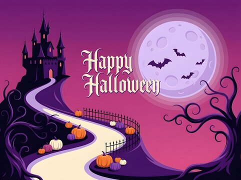 Happy halloween illustration with spooky castle full moon and pumpkins on a winding path