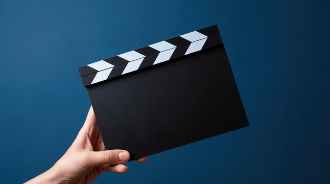 Hand holding blank black movie clapperboard on dark blue background