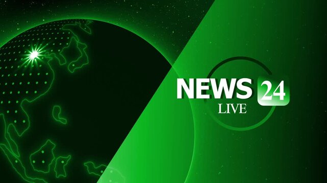 Stylized news broadcast graphic with globe and news 24 live logo animation