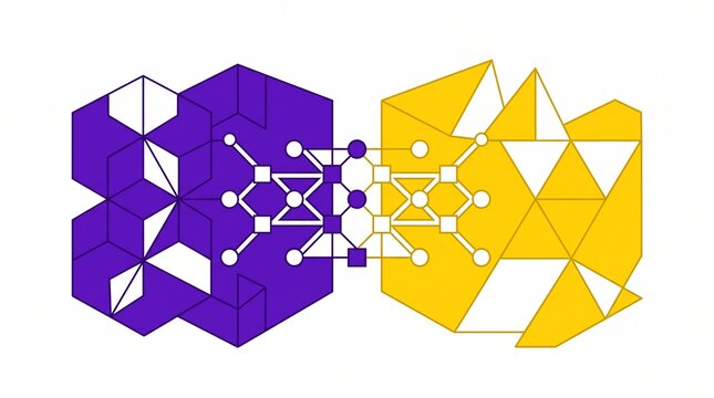 Abstract Purple And Yellow Geometric Blocks With Central Network Bridge