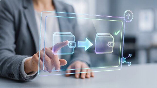 Business Professional Using Futuristic Digital Wallet Interface for Secure Peer to Peer Money Transfer