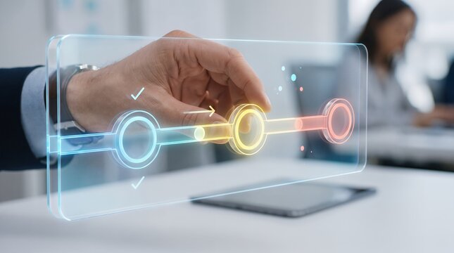 Businessman managing workflow through a futuristic holographic timeline interface in a modern office