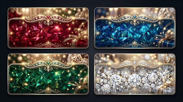 Sparkling gemstone luxury banner collection featuring shimmering jewel textures and elegant glowing festive headersparkling gemstone luxury banner collection shimmering jewel texture elegant