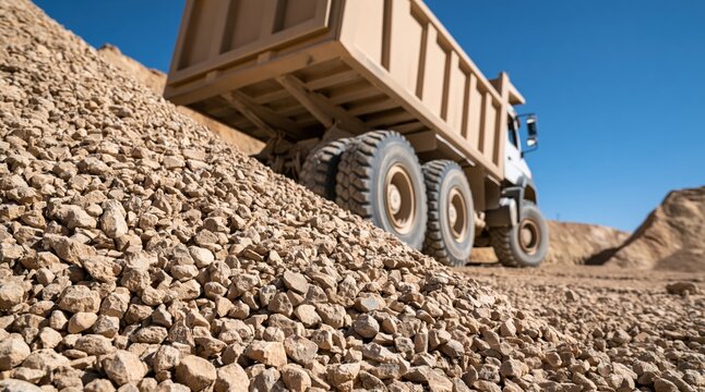 Large pile of crushed stones with dump truck at construction site