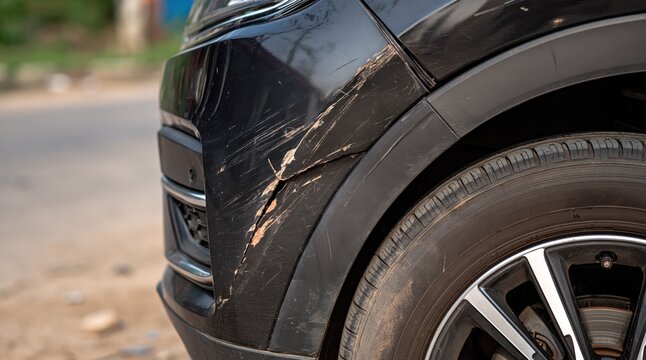 Damaged black car bumper with deep scratches and crack