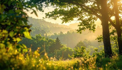 Fototapeta premium Beautiful morning sunrise over a lush green forest landscape.