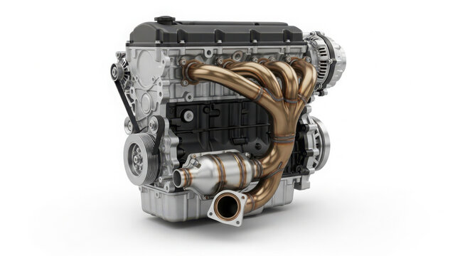 Modern internal combustion engine features polished brass exhaust headers and silver metallic components rendered in high resolution against white background