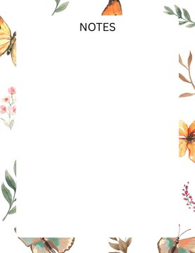 Watercolor Autumn Butterfly Blank Border Notepad - Unlined Freeform Notes Page with Botanical Frame A4 Printable