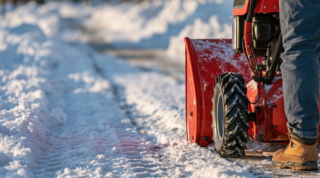 Red snowblower clearing snow from path in winter
