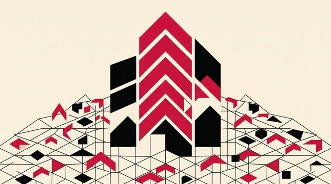 Abstract Geometric Building With Red Upward Arrows Concept