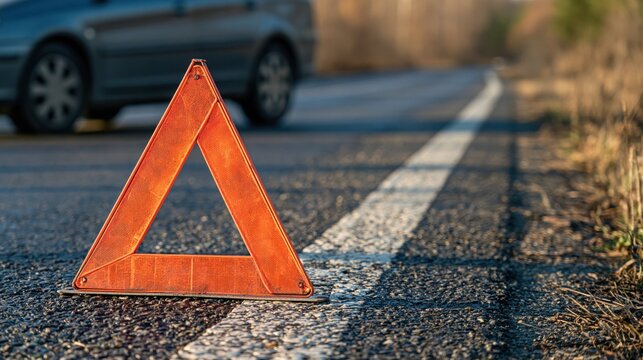 Orange reflective warning triangle on roadside with blurred car in background