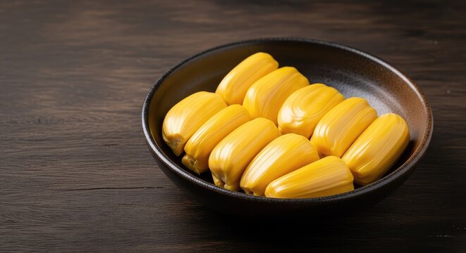 Vibrant yellow jackfruit bulbs arranged in a ceramic bowl on a dark rustic wooden background. The tropical fruit looks fresh and sweet, tasty, jackfruit, vegan