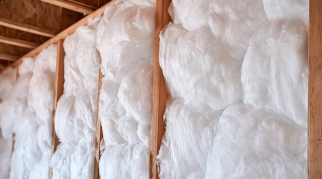 White insulation material installed between wooden wall studs inside building