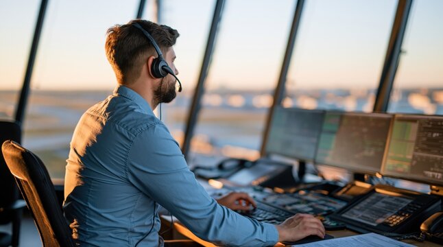 Air traffic controller working in control tower at airport during sunset