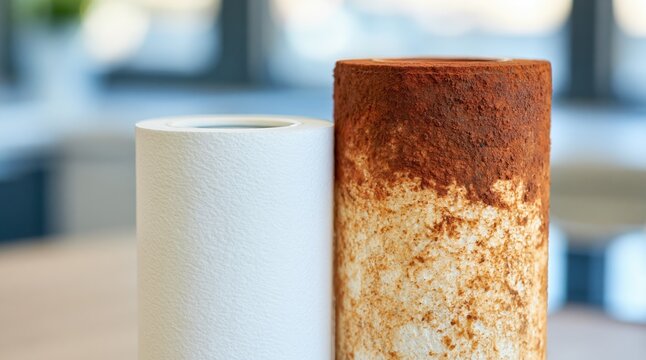 Comparison of clean white water filter and old dirty cartridge clogged with rust