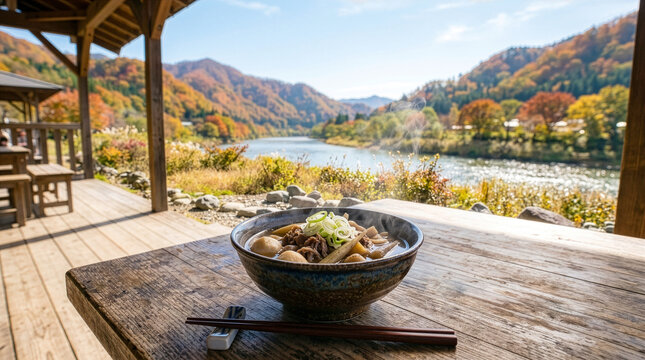 紅葉に包まれた秋の山々を望むテラス席で楽しむ熱々の山形芋煮