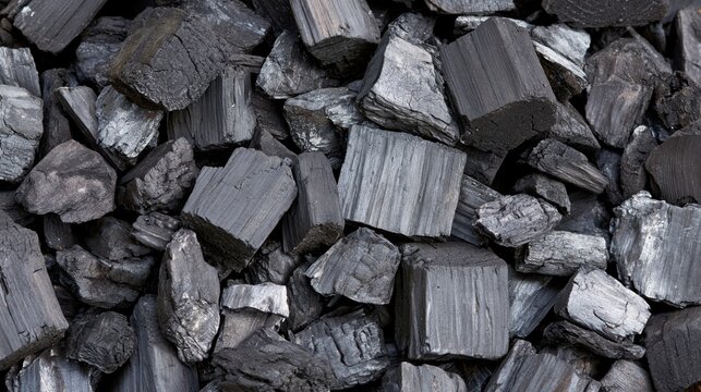 Close up view of pile of natural wood charcoal lumps